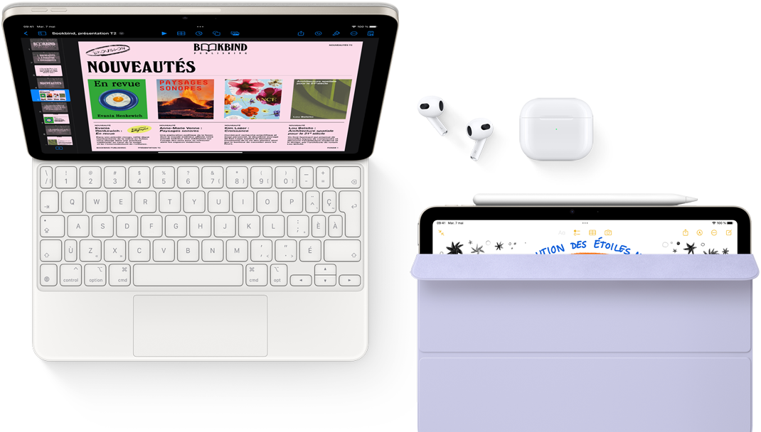 iPad Air fixé au Magic Keyboard, avec des AirPods Pro, un Apple Pencil Pro et un Smart Folio